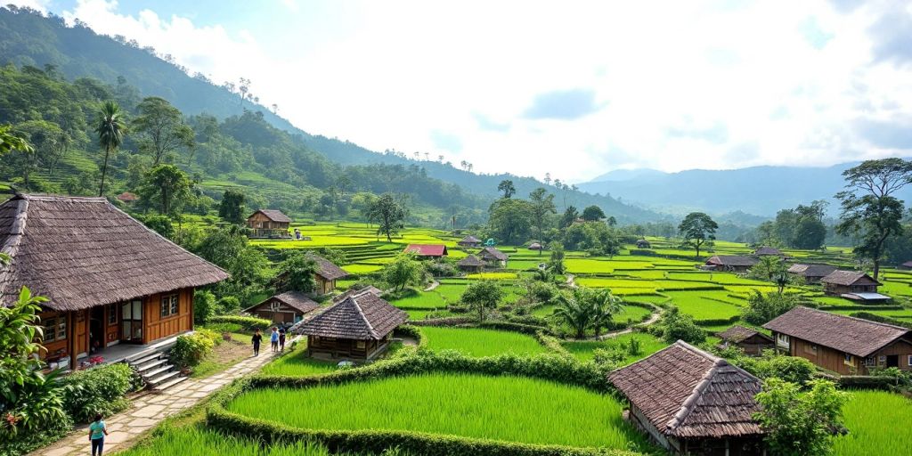 Pemandangan desa Paya dengan sawah dan rumah tradisional.