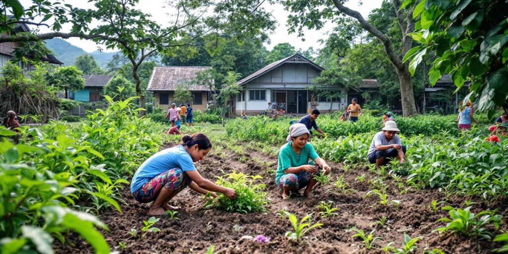 Pemandangan desa dengan petani dan rumah tradisional.