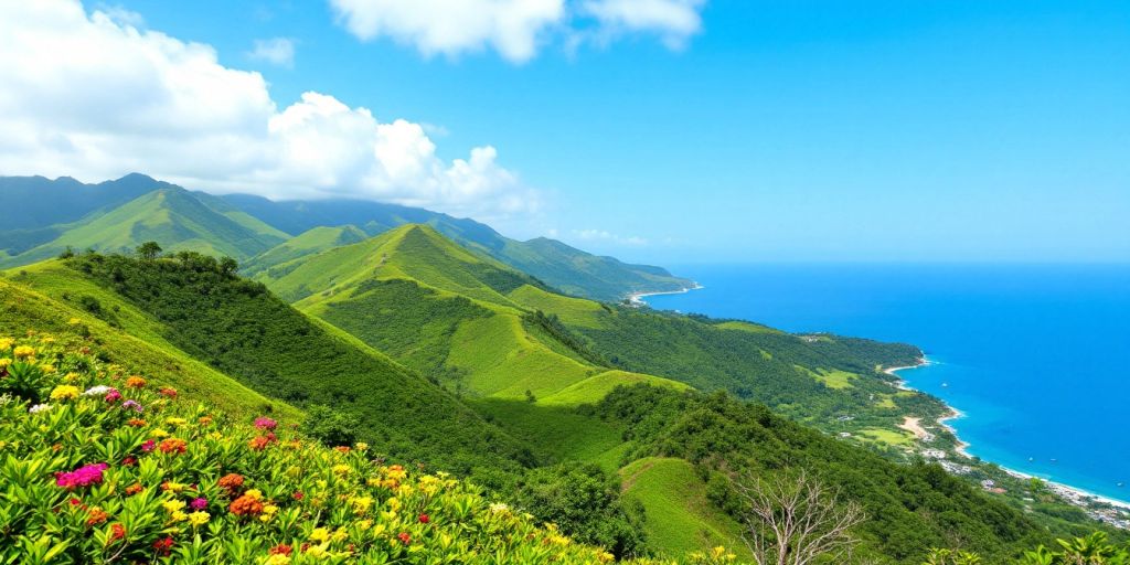 Lanskap alam Lampung Pesawaran dengan pantai dan perbukitan hijau.