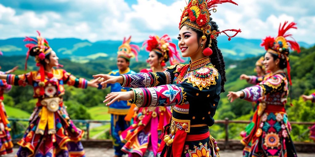 Tarian tradisional Lampung dengan kostum berwarna-warni.