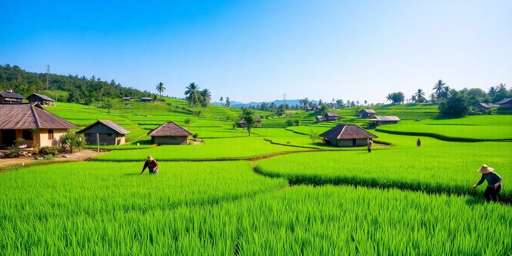 Lanskap pedesaan Indonesia dengan sawah dan rumah tradisional.