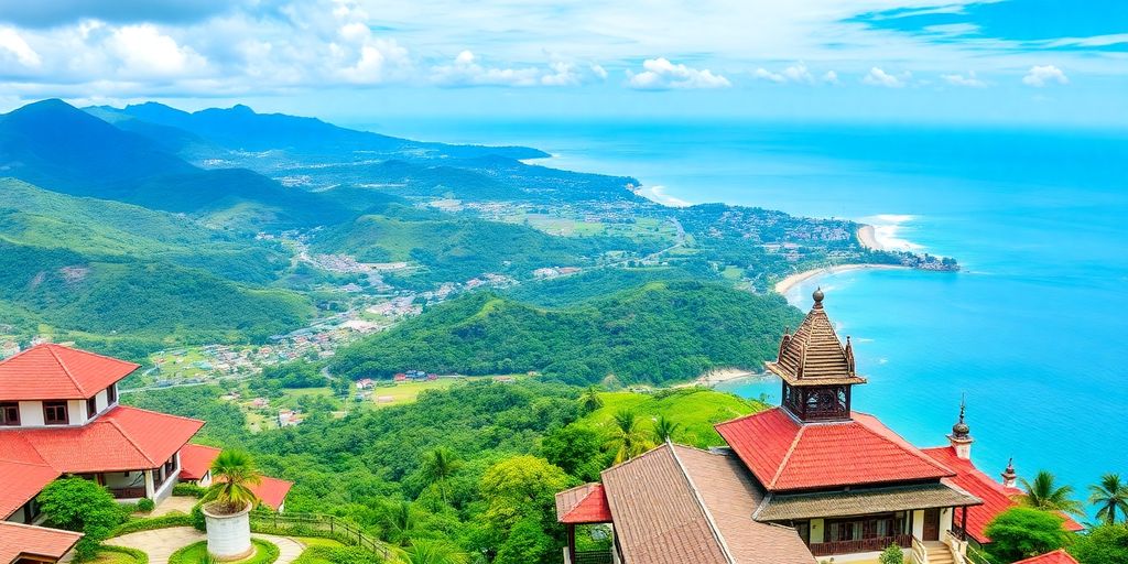 Pemandangan indah kota Lampung dengan bukit hijau.